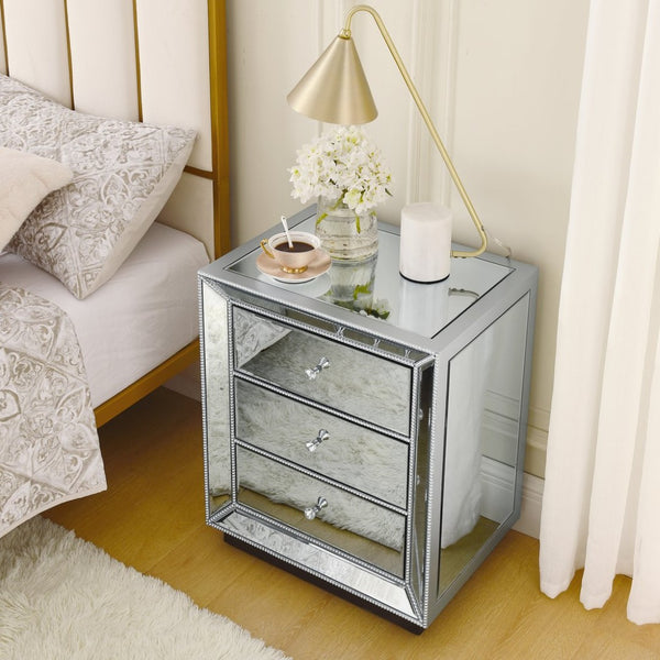 English Elm Three Drawer Mirrored Cabinet Glam Pearl Trim Crystal Pulls Bedroom Accent Piece W1005P480521