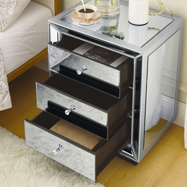 English Elm Three Drawer Mirrored Cabinet Glam Pearl Trim Crystal Pulls Bedroom Accent Piece W1005P480521