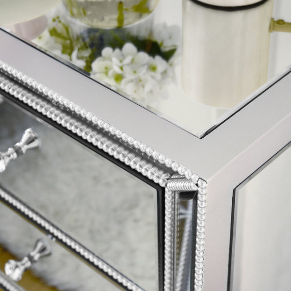 English Elm Three Drawer Mirrored Cabinet Glam Pearl Trim Crystal Pulls Bedroom Accent Piece W1005P480521