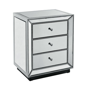 English Elm Three Drawer Mirrored Cabinet Glam Pearl Trim Crystal Pulls Bedroom Accent Piece W1005P480521