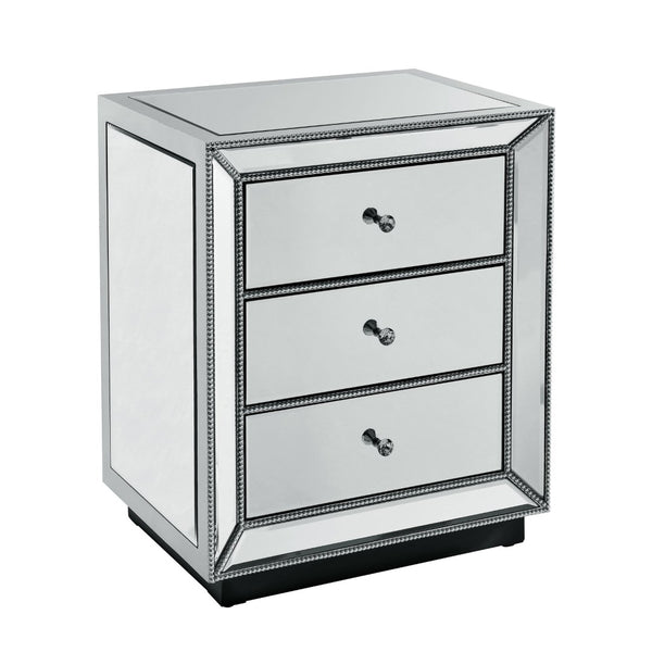 English Elm Three Drawer Mirrored Cabinet Glam Pearl Trim Crystal Pulls Bedroom Accent Piece W1005P480521