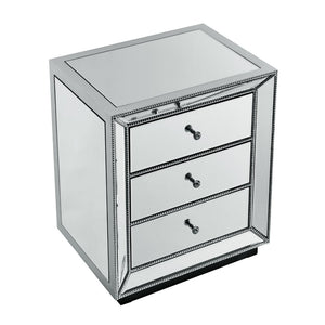 English Elm Three Drawer Mirrored Cabinet Glam Pearl Trim Crystal Pulls Bedroom Accent Piece W1005P480521
