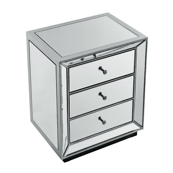 English Elm Three Drawer Mirrored Cabinet Glam Pearl Trim Crystal Pulls Bedroom Accent Piece W1005P480521