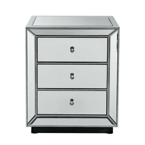 English Elm Three Drawer Mirrored Cabinet Glam Pearl Trim Crystal Pulls Bedroom Accent Piece W1005P480521