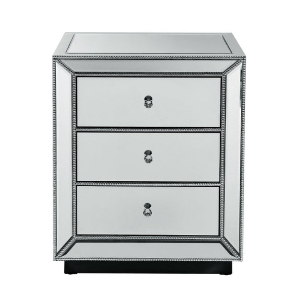 English Elm Three Drawer Mirrored Cabinet Glam Pearl Trim Crystal Pulls Bedroom Accent Piece W1005P480521