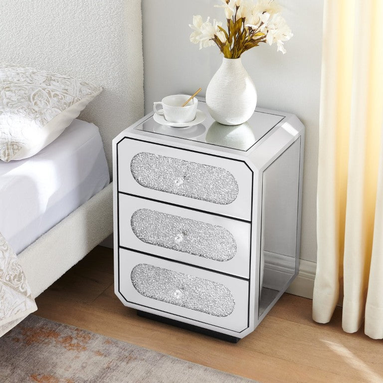 English Elm Mirrored Glass Nightstand with Crystal Handles Glam Bedside Storage for Bedroom W1005P562305