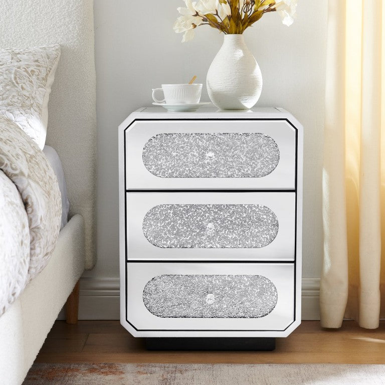 English Elm Mirrored Glass Nightstand with Crystal Handles Glam Bedside Storage for Bedroom W1005P562305