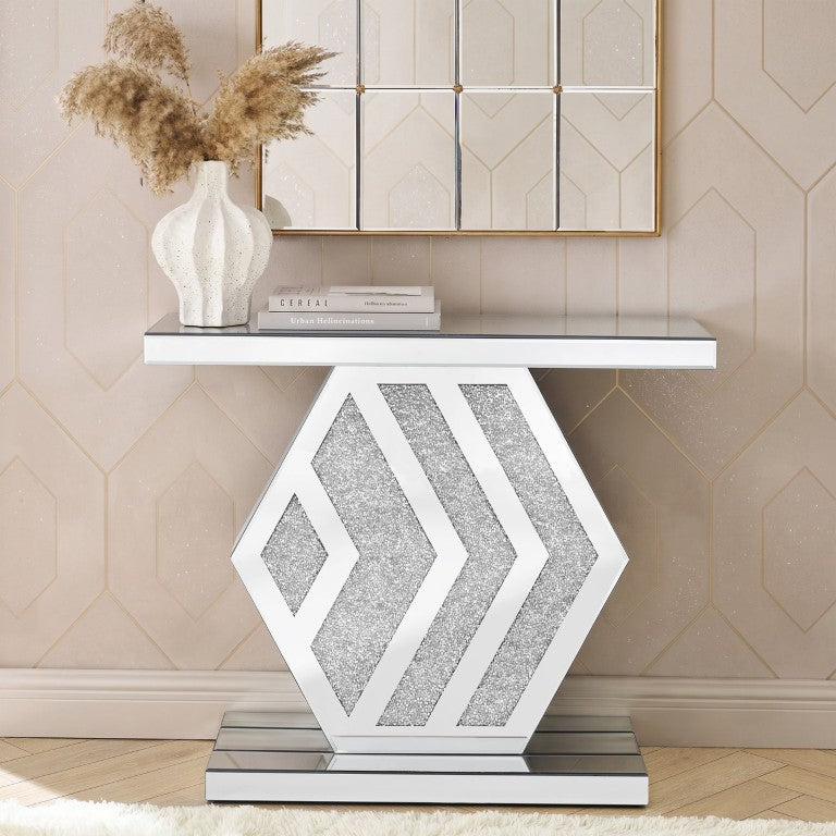 English Elm Mirrored Console Table Geometric Hexagonal Base Silver Finish Slim Entryway Accent W1005P562325