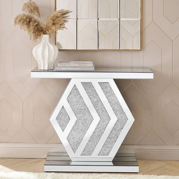 English Elm Mirrored Console Table Geometric Hexagonal Base Silver Finish Slim Entryway Accent W1005P562325