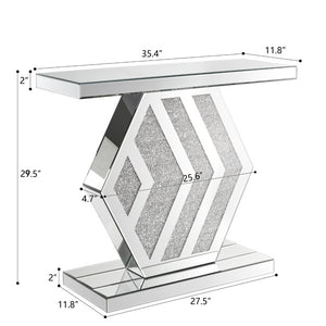 English Elm Mirrored Console Table Geometric Hexagonal Base Silver Finish Slim Entryway Accent W1005P562325
