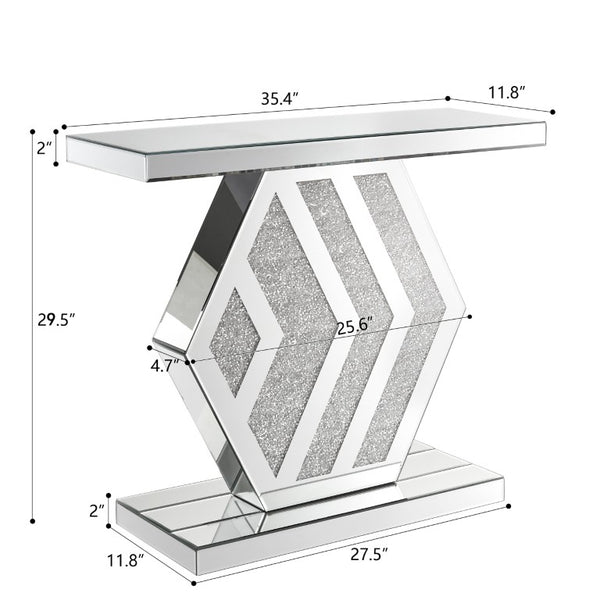English Elm Mirrored Console Table Geometric Hexagonal Base Silver Finish Slim Entryway Accent W1005P562325