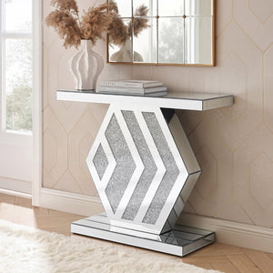 English Elm Mirrored Console Table Geometric Hexagonal Base Silver Finish Slim Entryway Accent W1005P562325