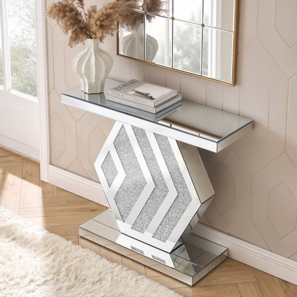 English Elm Mirrored Console Table Geometric Hexagonal Base Silver Finish Slim Entryway Accent W1005P562325