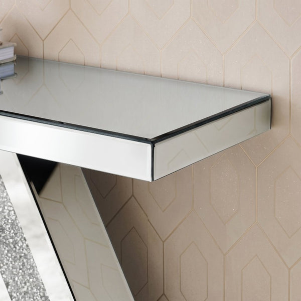English Elm Mirrored Console Table Geometric Hexagonal Base Silver Finish Slim Entryway Accent W1005P562325