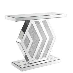 English Elm Mirrored Console Table Geometric Hexagonal Base Silver Finish Slim Entryway Accent W1005P562325