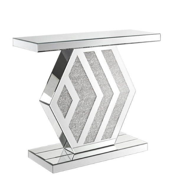 English Elm Mirrored Console Table Geometric Hexagonal Base Silver Finish Slim Entryway Accent W1005P562325