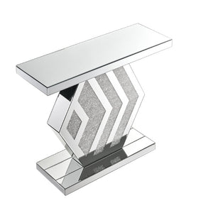 English Elm Mirrored Console Table Geometric Hexagonal Base Silver Finish Slim Entryway Accent W1005P562325
