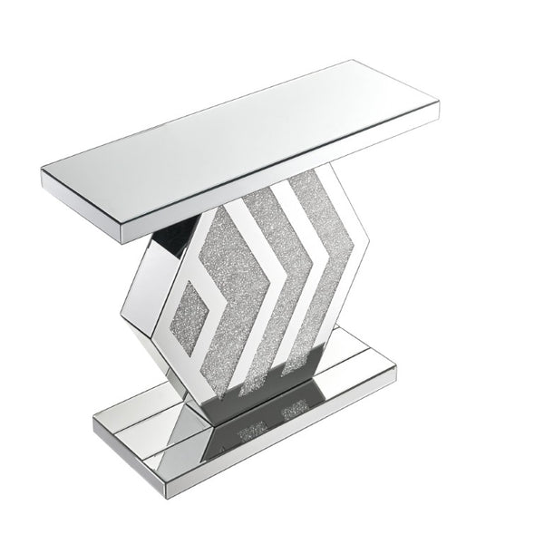English Elm Mirrored Console Table Geometric Hexagonal Base Silver Finish Slim Entryway Accent W1005P562325