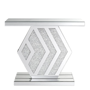 English Elm Mirrored Console Table Geometric Hexagonal Base Silver Finish Slim Entryway Accent W1005P562325