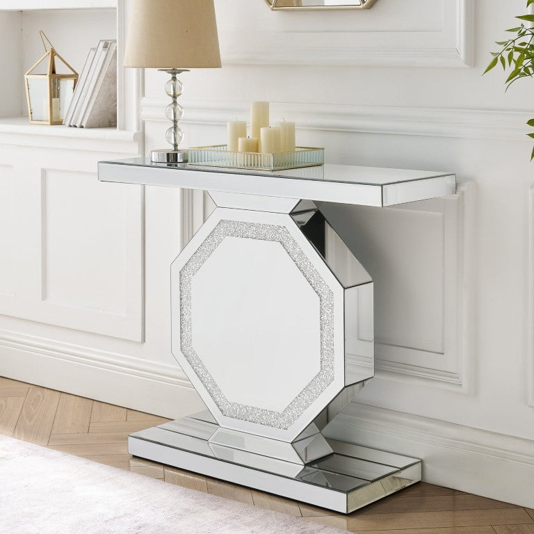 English Elm Mirrored Console Table Octagonal Base Silver Finish Slim Entryway Foyer Accent W1005P565120