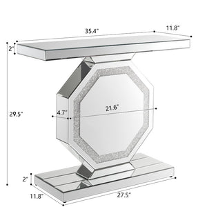 English Elm Mirrored Console Table Octagonal Base Silver Finish Slim Entryway Foyer Accent W1005P565120