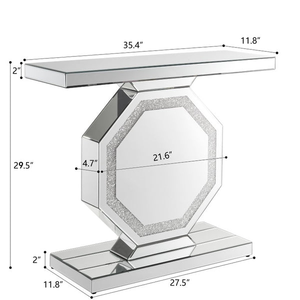 English Elm Mirrored Console Table Octagonal Base Silver Finish Slim Entryway Foyer Accent W1005P565120