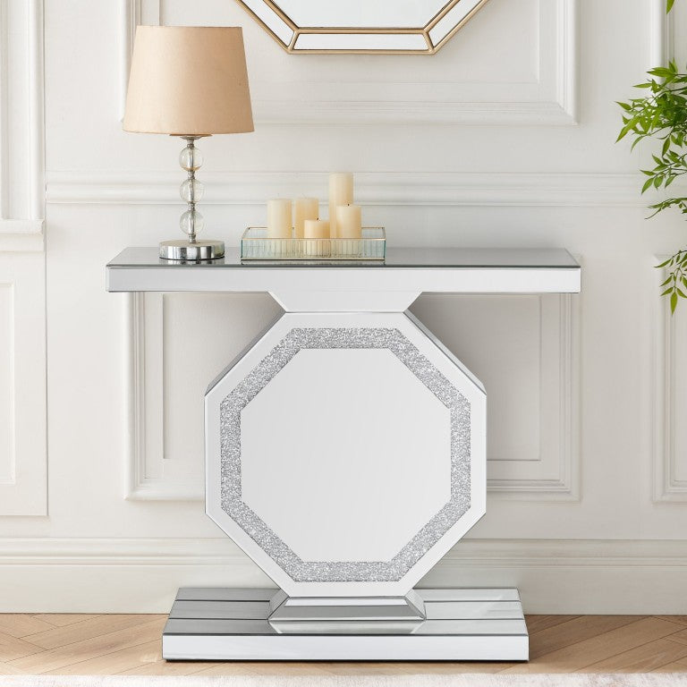 English Elm Mirrored Console Table Octagonal Base Silver Finish Slim Entryway Foyer Accent W1005P565120