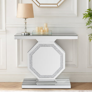 English Elm Mirrored Console Table Octagonal Base Silver Finish Slim Entryway Foyer Accent W1005P565120