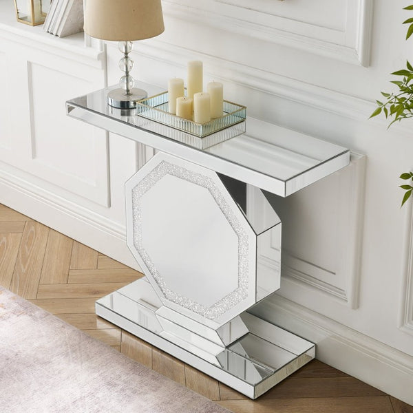 English Elm Mirrored Console Table Octagonal Base Silver Finish Slim Entryway Foyer Accent W1005P565120