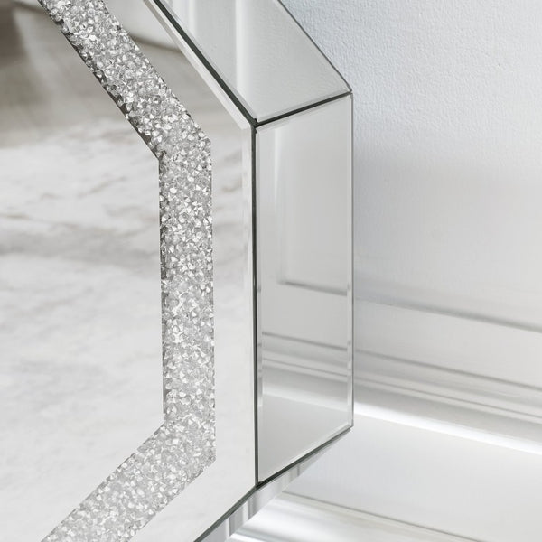 English Elm Mirrored Console Table Octagonal Base Silver Finish Slim Entryway Foyer Accent W1005P565120