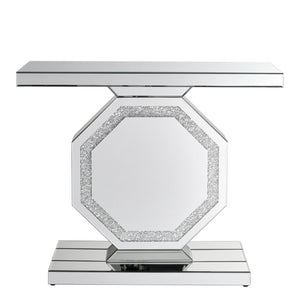 English Elm Mirrored Console Table Octagonal Base Silver Finish Slim Entryway Foyer Accent W1005P565120