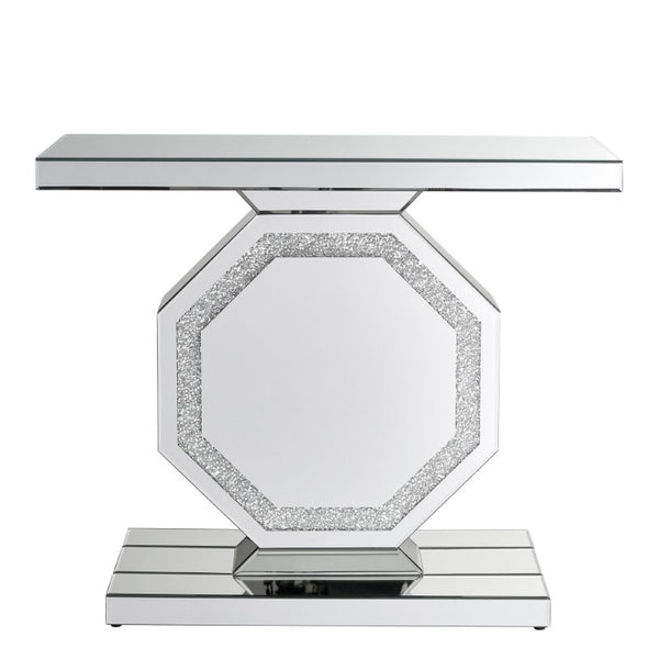 English Elm Mirrored Console Table Octagonal Base Silver Finish Slim Entryway Foyer Accent W1005P565120
