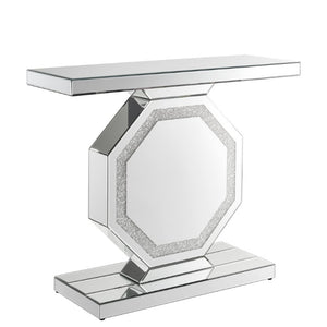 English Elm Mirrored Console Table Octagonal Base Silver Finish Slim Entryway Foyer Accent W1005P565120