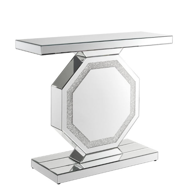 English Elm Mirrored Console Table Octagonal Base Silver Finish Slim Entryway Foyer Accent W1005P565120