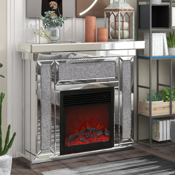 English Elm W Mirrored Electric Fireplace Mantelpiece with Acrylic Crystal Inlay Glam Living Room Decor W1005S00007