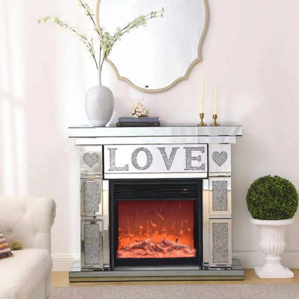 English Elm W Acrylic Crystal Diamond Electric Fireplace Mantel with Mirrored Surround and LED Flame W1005S00008