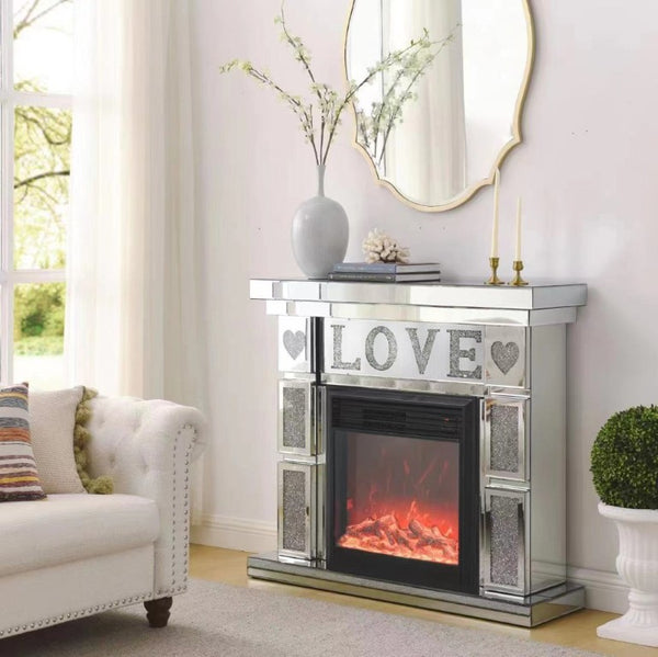 English Elm W Acrylic Crystal Diamond Electric Fireplace Mantel with Mirrored Surround and LED Flame W1005S00008
