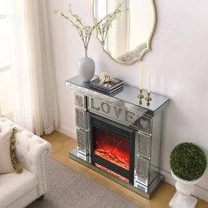 English Elm W Acrylic Crystal Diamond Electric Fireplace Mantel with Mirrored Surround and LED Flame W1005S00008