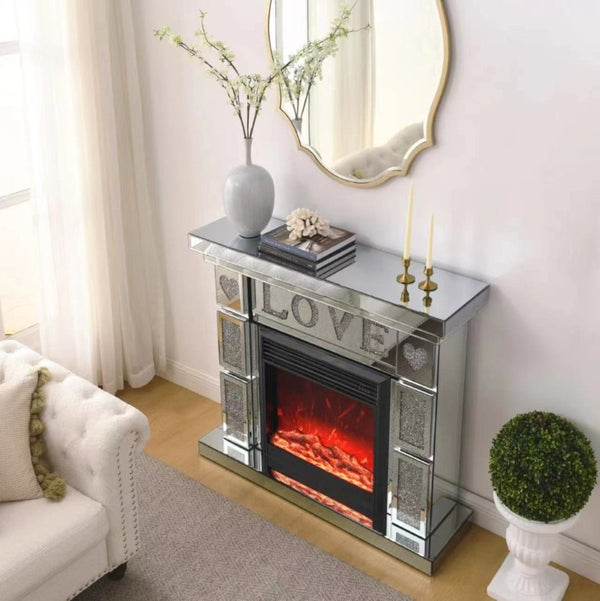English Elm W Acrylic Crystal Diamond Electric Fireplace Mantel with Mirrored Surround and LED Flame W1005S00008