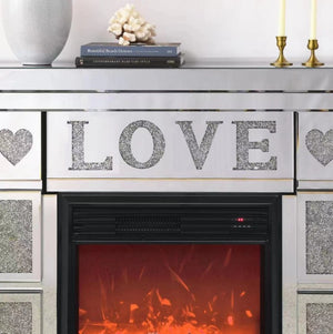 English Elm W Acrylic Crystal Diamond Electric Fireplace Mantel with Mirrored Surround and LED Flame W1005S00008