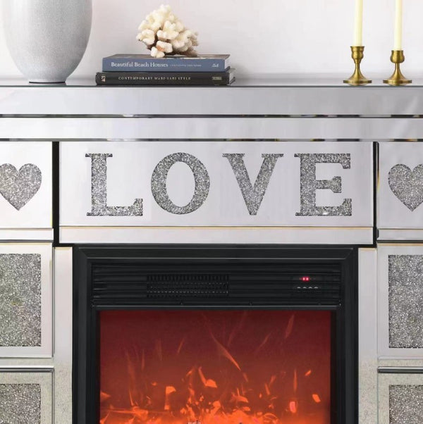 English Elm W Acrylic Crystal Diamond Electric Fireplace Mantel with Mirrored Surround and LED Flame W1005S00008