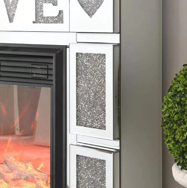 English Elm W Acrylic Crystal Diamond Electric Fireplace Mantel with Mirrored Surround and LED Flame W1005S00008