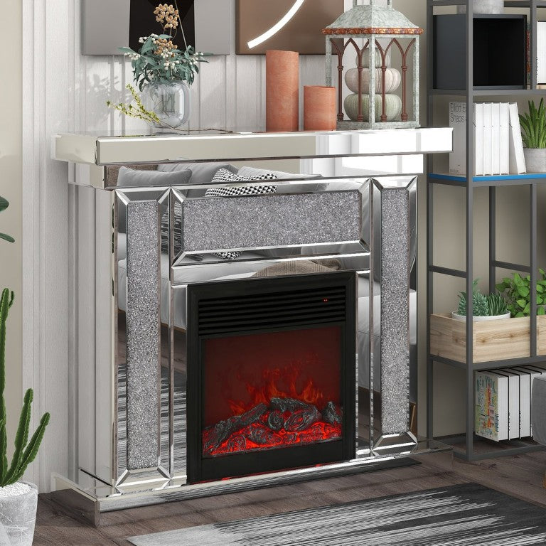 English Elm W Mirrored Electric Fireplace Mantel with Diamond Resin Inlays and 7 Flame Colors W1005S00009
