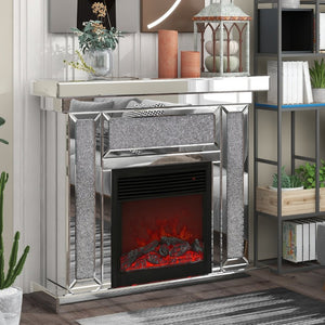 English Elm W Mirrored Electric Fireplace Mantel with Diamond Resin Inlays and 7 Flame Colors W1005S00009