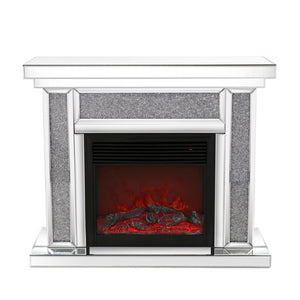 English Elm W Mirrored Electric Fireplace Mantel with Diamond Resin Inlays and 7 Flame Colors W1005S00009