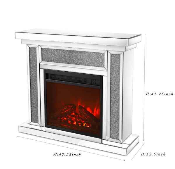 English Elm W Mirrored Electric Fireplace Mantel with Diamond Resin Inlays and 7 Flame Colors W1005S00009