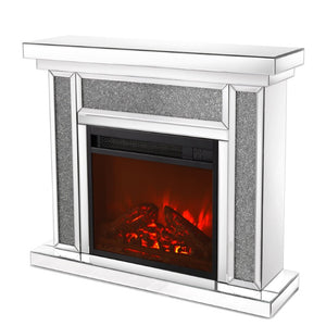 English Elm W Mirrored Electric Fireplace Mantel with Diamond Resin Inlays and 7 Flame Colors W1005S00009