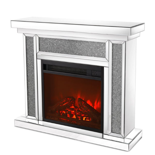 English Elm W Mirrored Electric Fireplace Mantel with Diamond Resin Inlays and 7 Flame Colors W1005S00009