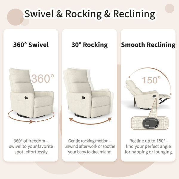 English Elm Manual Swivel Recliner with 360 Rotation Velvet Upholstery Nursery or Living Room Glider Beige W1028P463109
