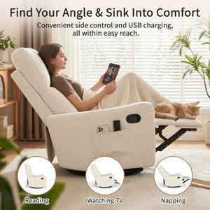 English Elm Manual Swivel Recliner with 360 Rotation Velvet Upholstery Nursery or Living Room Glider Beige W1028P463109